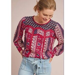 🩷Anthropologie Maeve Gretchen Red Blue Lace Boho Paisley Top Size 2